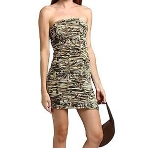 Topshop Bandeau Strapless Ruched Bodycon Neutral Mini Dress New Womens Small